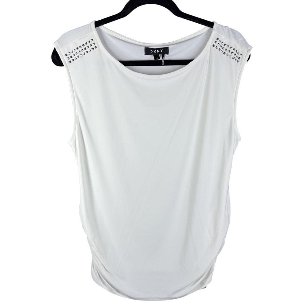 DKNY White Sleeveless Stud-Shoulder Blouse
